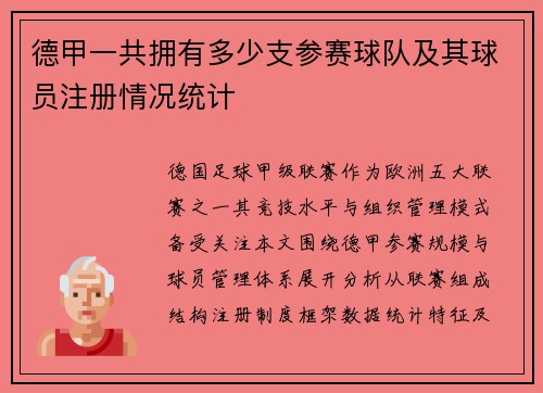 德甲一共拥有多少支参赛球队及其球员注册情况统计